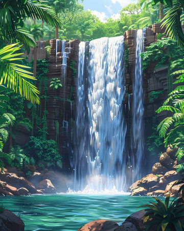 Tropical waterfall in the jungle. 3d render illustration.の写真素材