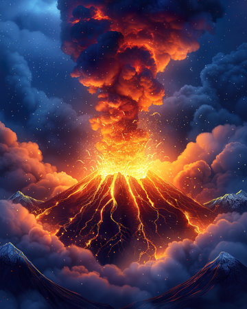 Volcano eruption in the clouds. 3D illustration of a volcano eruption in the clouds.