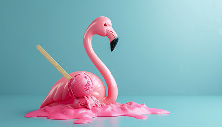 Pink flamingo ice cream with a stick on a blue background. 3d renderingの写真素材