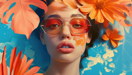 Fashion portrait of beautiful young woman in sunglasses with tropical flowers.