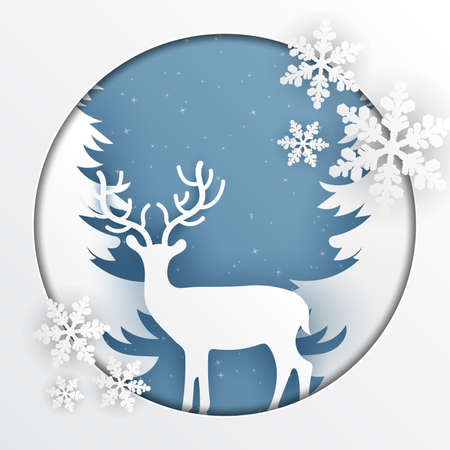 Illustration of winter season and Christmas day ,Deer in forest with snow,vector paper art digital craft styleのイラスト素材