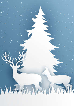 Deer in forest with snow in the winter season and christmas.vector paper art and digital craft styleのイラスト素材