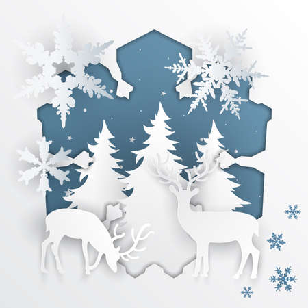Illustration of winter season and Christmas day Deer in forest with snow.vector paper art and digital craft style.のイラスト素材