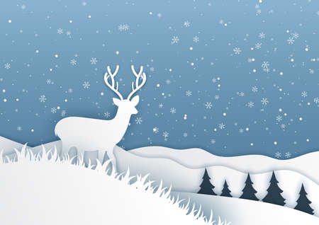 Deer on mountain. Nature landscape background paper art style illustration.のイラスト素材