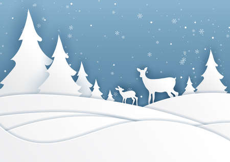 Deer on mountain. Nature landscape background paper art style illustration.のイラスト素材