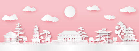 Panorama of top world famous landmark of China,paper cut style vector illustration.のイラスト素材