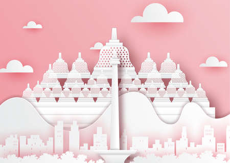 Paper cut style of world famous landmark of Indonesia,travel postcard and poster,vector illustration.のイラスト素材