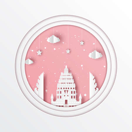 Paper cut style of world famous landmark of Indonesia,travel postcard and poster,vector illustration.のイラスト素材