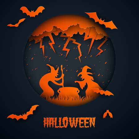 Paper art of halloween.Witches are performing.Vector illustration.のイラスト素材