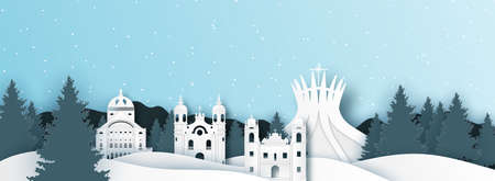 Panorama of top world famous landmark of Brazil,paper cut style vector illustration.のイラスト素材