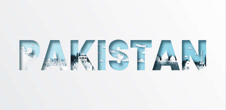 Paper cut letters Pakistan and famous landmark,Vector illustration.