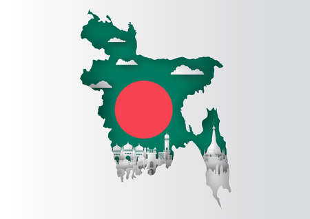 Paper cut out of Bangladesh map and famous landmark on flag,vector paper art and digital craft styleのイラスト素材
