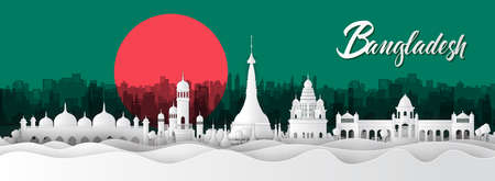 Panorama of top world famous landmark of Bangladesh ,paper cut style vector illustrationのイラスト素材