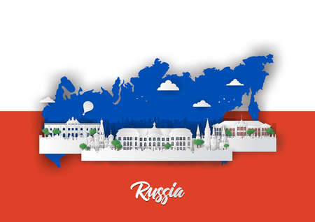 Russia with urban skyscrapers, Paper art 3d from digital craft styleのイラスト素材