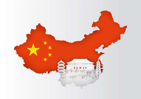 Paper cut out of China map and famous landmark on flag,vector paper art and digital craft styleのイラスト素材