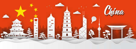 Panorama of top world famous landmark of China,paper cut style vector illustrationのイラスト素材