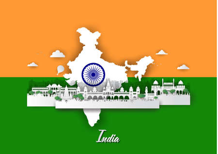 India with urban skyscrapers, Paper art 3d from digital craft styleのイラスト素材
