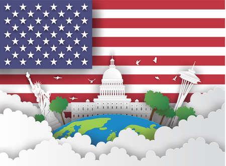 Illustration of USA and famous landmark, Paper art stlye.のイラスト素材