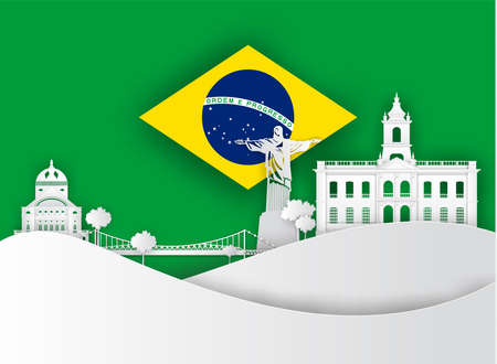Illustration of Brazil and famous landmark, Paper art stlye.のイラスト素材