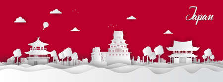 Panorama of top world famous landmark of Japan,paper cut style vector illustration.のイラスト素材