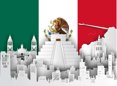 Illustration of Mexico and famous landmark, Paper art stlye.のイラスト素材