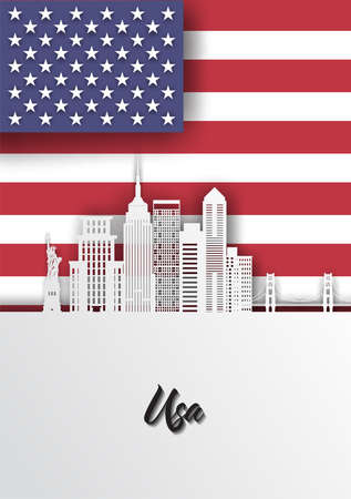 Illustration of USA and famous landmark, Paper art stlyeのイラスト素材