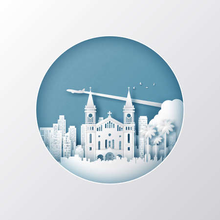 Paper cut style of world famous landmark of Philippines,travel postcard and poster,vector illustration.のイラスト素材