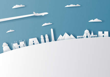 Illustration of Egypt and famous landmark, Paper art stlyeのイラスト素材