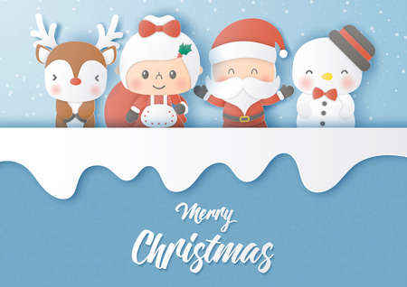 Merry christmas banner design with jolly Santa and his friends,Paper cut style vector illustration.のイラスト素材