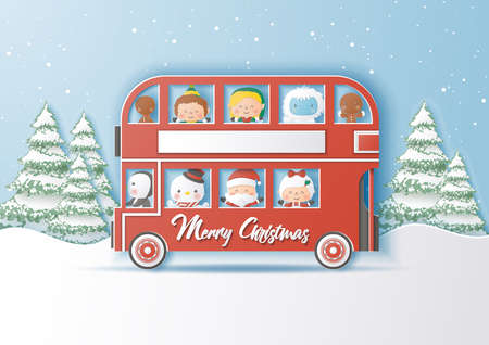Double Decker Christmas,Santa and his friends,Paper cut style vector illustrationのイラスト素材