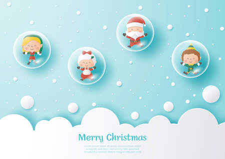 Santa and his friend in bubbles,Merry christmas and happy new year,Origami paper artのイラスト素材