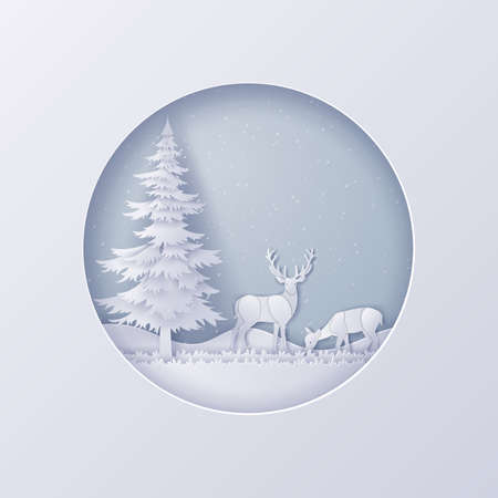 illustration of winter nature landscape with snowflakes,Merry Christmas and new year concept,Paper art design and craft styleのイラスト素材