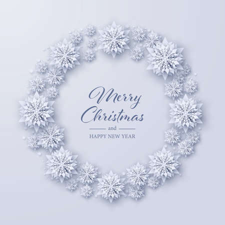 Merry christmas and happy new year background with wreath made of realistic looking paper cut snowflakes,Seasonal winter holidays greeting cardのイラスト素材