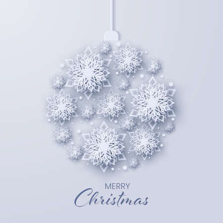 White background with Christmas ball of paper snowflakes,Vector illustrationのイラスト素材