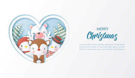 Christmas celebrations with cute reindeer and friends in gretting card for Christmas card,Paper cut and craft styleのイラスト素材