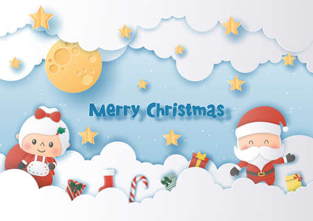 Origami paper art of santa Claus and girlfriend, Merry Christmas and Happy New Yearのイラスト素材
