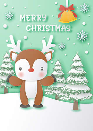 Cute reindeer cartoon for christmas card design,Merry christmas and happy new year,paper cut and craft styleのイラスト素材
