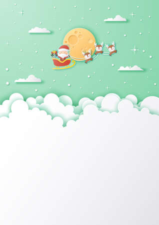 Origami Paper art of Postcard background,Santa Claus with full moon on the sky, Merry Christmas and Happy New Yearのイラスト素材