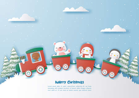 Christmas party on the train with cute gingerbread man and friends,Merry christmas and happy new year,Paper art and digital craft styleのイラスト素材