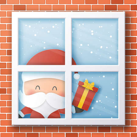 Santa Claus looking through window,Christmas and Happy New Year,Paper art design and craft styleのイラスト素材
