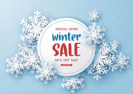 Winter sale banner design with white snowflakes,Paper art styleのイラスト素材