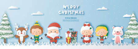 Paper art style of santa claus and friends with Christmas tree and snowflake background, Merry christmas and happy new year conceptのイラスト素材