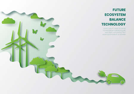 Future ecosystem concept,Eco car,paper cut style vector illustration.