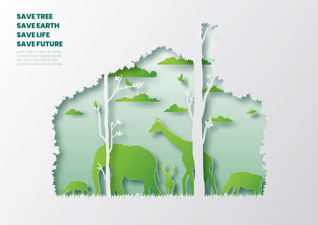 Home of wild animals,Save tree concept,Paper art and digital craft styleのイラスト素材