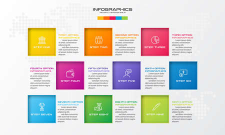 Business infographics template 9 steps with square,Element for design invitations,Vector...