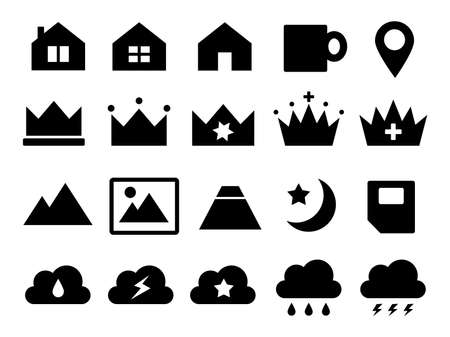 Icons such as house, crown, cloud, mountain, SIM, etc.のイラスト素材
