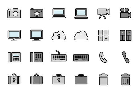 Simple icon set of camera, PC, video, video, monitor, cloud, security, server, phone, keyboard, bag, trashのイラスト素材