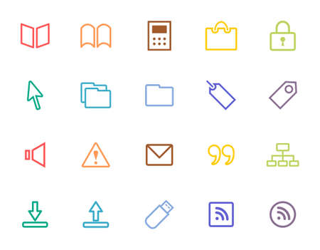 Colorful and pop icon set for books, calculators, keys, folders, emails, USB, etc.のイラスト素材
