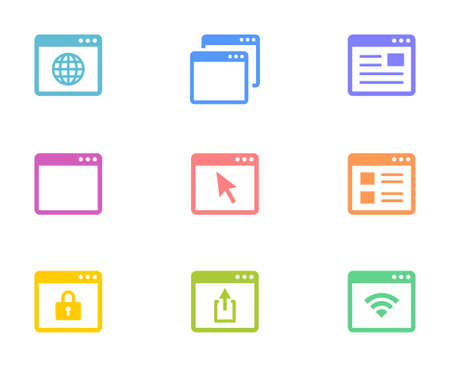 Icon set for internet, browser, security, website, etc. Colorful and pop icons using various colors such as blue and green.のイラスト素材