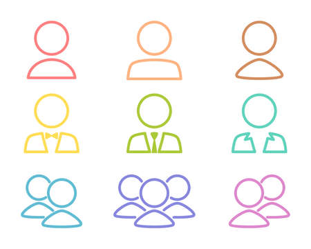 Icon set of various human shapes. Colorful line drawing illustrations such as green, blue and purple.のイラスト素材